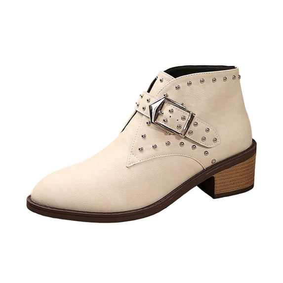 Beige Pointed Toe Ankle Boots For Women With Belt Buckle And Chunky Heel Mid Heel Design Casual Wear