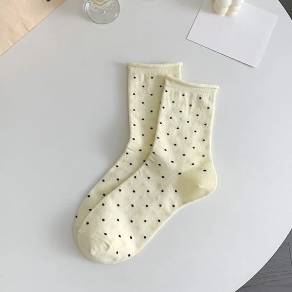 Beige Polka Dot Crew Socks for Women, Stretchy Nylon Spandex Casual Everyday Socks, Comfortable One Size Fits Most Crew Length Socks with Black Dots,Size Free Size