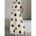 thumbnail image 1 of Beige Polka Dot V-Neck Sleeveless Button-Up Flared Midi Dress For Women, 1 of 5