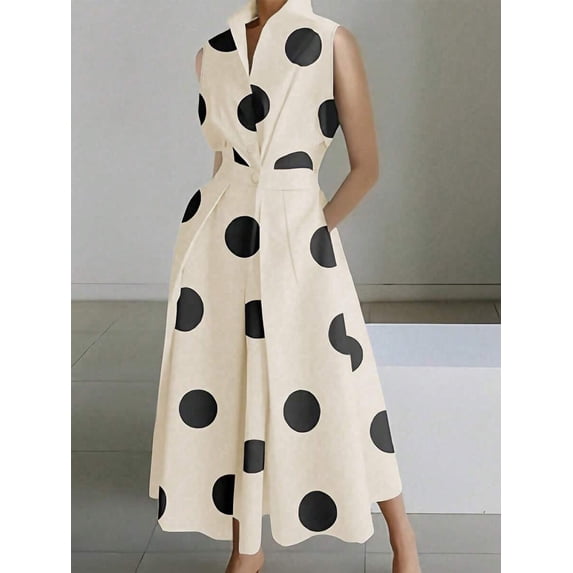 Beige Polka Dot V-Neck Sleeveless Button-Up Flared Midi Dress For Women