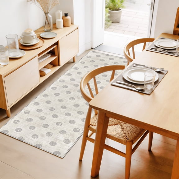Beige Polka Dots Spots 2'x6' Runner Rug for Hallway Walkway Kitchen Galley, Abstract Modern Minimalist Fade Texture Low Pile Washable Non Slip Long Area Rug
