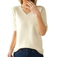 thumbnail image 1 of Beige Popular Womens Clothes 2024, Elbow-Length Womens Oversized Tee Shirts, Cotton Dress Shirts for Women, Women's Fashion Sweater V Neck Half Sleeve Loose Base T Shirt Top, 1 of 9