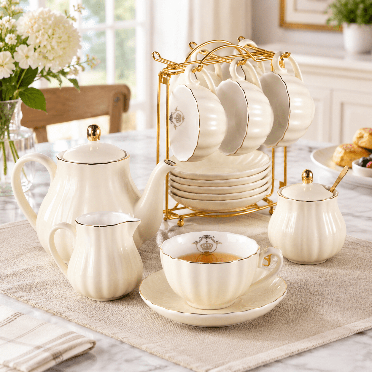Manly Tea Set Beige Porcelain Tea Set for 6, 8 Oz Cups with Teapot, Sugar Bowl, Cream ...