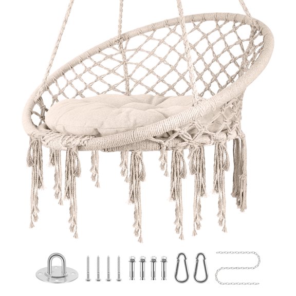 Beige Portable Hammock Swing, 12 lbs Lightweight Design, Dual Pivot Modes, Swing Boho Chair, Small Space, Sunroom, Hote