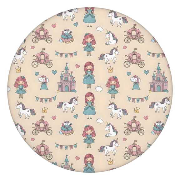 Beige Princess Carriage Pattern Round Fitted Tablecloth with Elastic Edge,Dining Table Cover Waterproof,Outdoor Round Tablecloth for Camping,Dining,Indoor and Outdoor