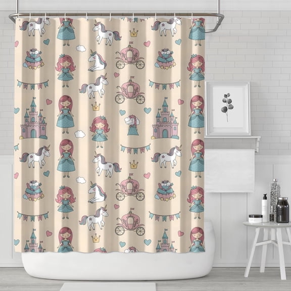 Beige Princess Carriage Pattern Shower Curtain 84"x72" ,Bathroom Decorative Shower Curtains Set with 12 Hooks,Modern Waterproof Washable Shower Curtain