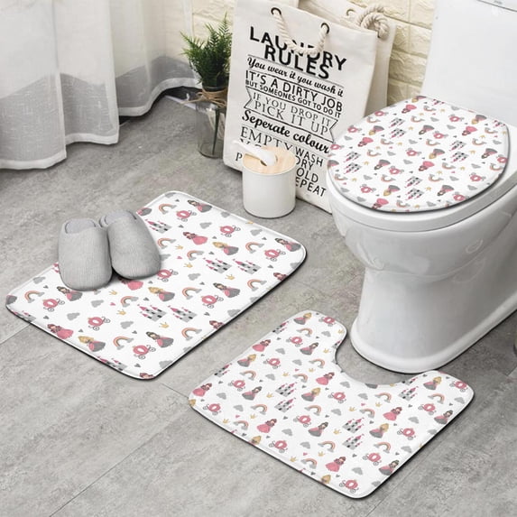 Beige Princess Castle Rainbow Pattern Bathroom Rugs Sets 3 Piece,Toilet Cover Set,Absorbent Non Slip Bathroom Mats Sets with U-Shaped Contour Rug Toilet Rug Set