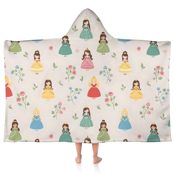 Beige Princess Flower Pattern Hooded Bath Towel，50"x30" for Ages 3 To 12 Kids, Quick Dry Lightweight Soft Microfiber Hood Beach Towel Cover Up for Kids