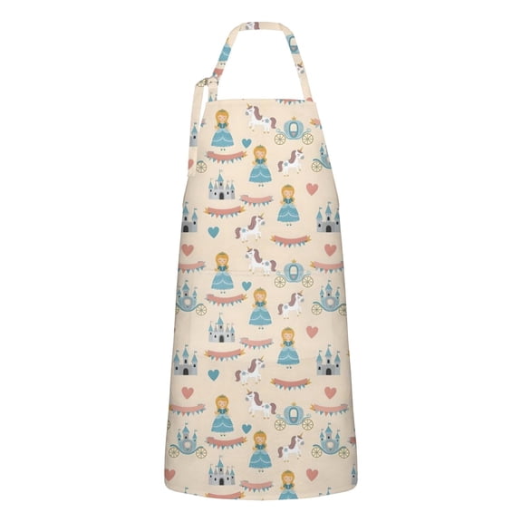 Beige Princess Unicorn Pattern Apron-Garden Aprons for Women with Pockets-Cotton Linen Waterproof Kitchen Cooking Gardening Aprons Adjustable for Kitchen,Cooking,BBQ and Salon 33x27 Inch