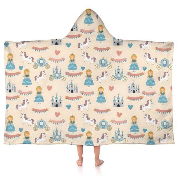 Beige Princess Unicorn Pattern Hooded Bath Towel，50"x30" for Ages 3 To 12 Kids, Quick Dry Lightweight Soft Microfiber Hood Beach Towel Cover Up for Kids