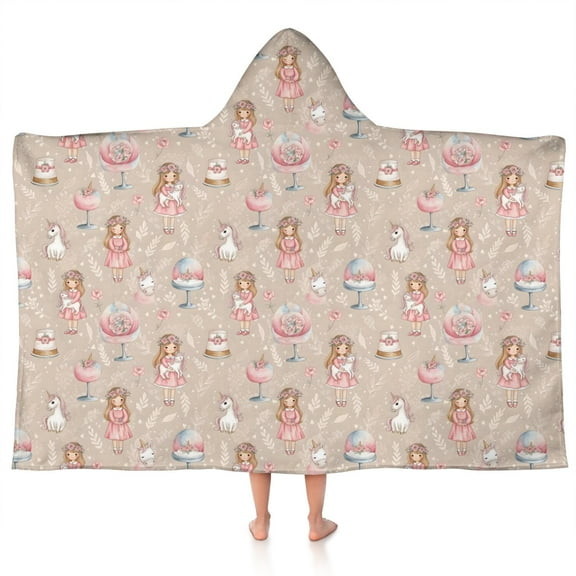 Beige Princess Unicorn Pattern Hooded Bath Towel,50"x30" for Ages 3 To 12 Kids, Quick Dry Lightweight Soft Microfiber Hood Beach Towel Cover Up for Kids
