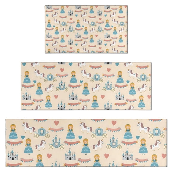 Beige Princess Unicorn Pattern Kitchen Rugs Sets Of 3,Kitchen Runner Rugs Non Skid Washable,Decorative Kitchen Floor Mats for Kitchen,Sink,Laundry,17"x30"+ 17"x47" + 17"x59"