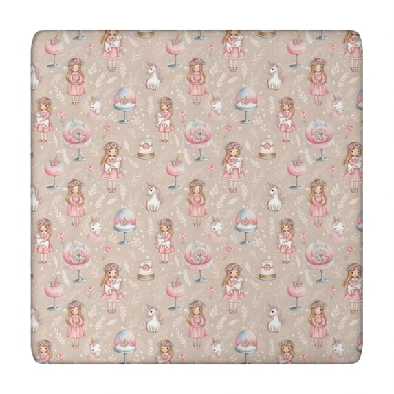 Beige Princess Unicorn Pattern Square Fitted Tablecloth with Elastic Edge,Square Table Cover,Washable Elastic Table Cover for Home Kitchen Party Decor 34"x34"