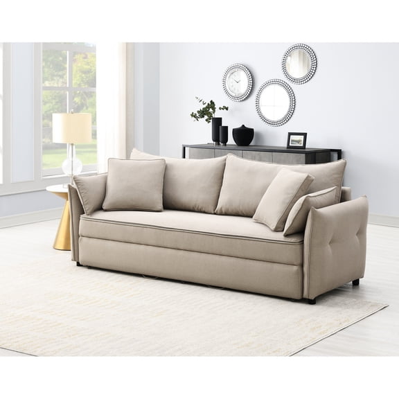 Beige Pull-out With Extra Storage - Convertible Sleeper Fabric In Storage: 74"d X 56"w 25"h, 2 Seat, Medium-firm Plushness, Foam Filled