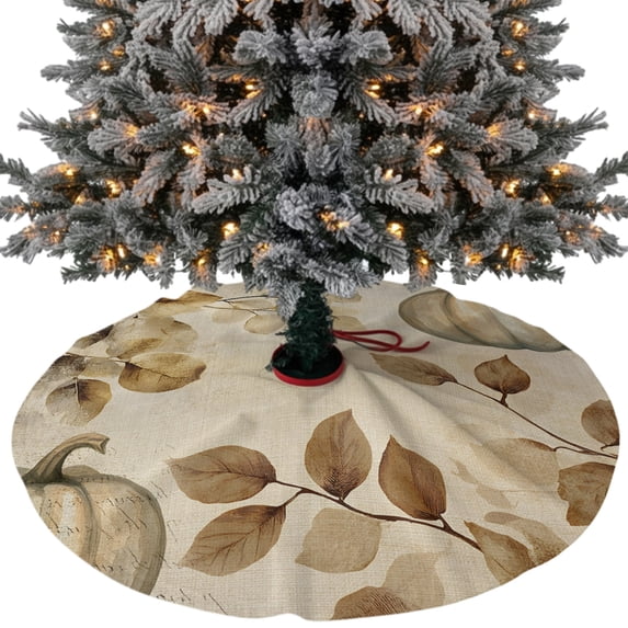 Beige Pumpkin Fall Christmas Tree Skirt 48 Inches, Thanksgiving Eucalyptus Leaves Retro Xmas Trees Skirt Mat Cover Decorations for Holiday Party Indoor Outdoor