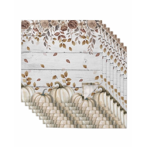 Beige Pumpkin Fall Cloth Napkins Set of 8 Reusable Dinner Napkins, Thanksgiving Roses Eucalyptus Wooden Cocktail Napkin Washable Table Napkins for Wedding/Holiday Party/Baby Shower 20"x20"