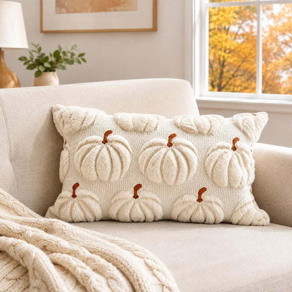 Beige Pumpkin Fall Decorative Throw Pillow Cover ,19.69 Inch Soft Faux Fur Plush Halloween Thanksgiving Cushion Case with Brown Stem, 1 Pc Cover Only No Insert for Couch Bed Sofa Farmhouse Decor