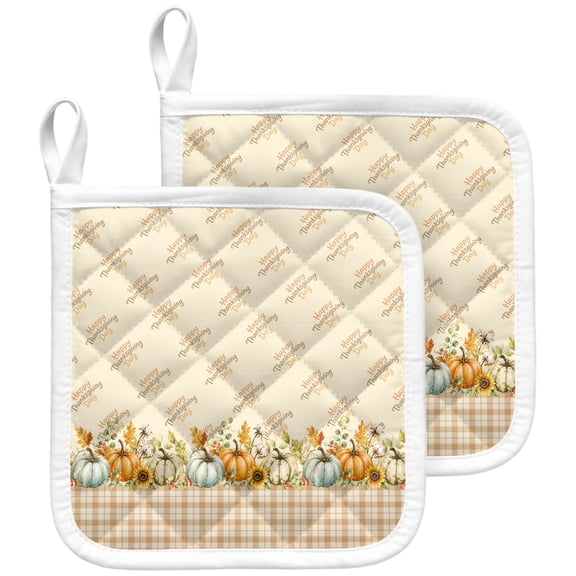 Beige Pumpkins Fall Pot Holders for Kitchen Heat Insulation Potholder, Kitchen Pot Holders Sets Washable Oven Hot Pads Terry Cloth Trivet for Cooking Baking Thanksgiving Botanical Farmhouse 2 Pack