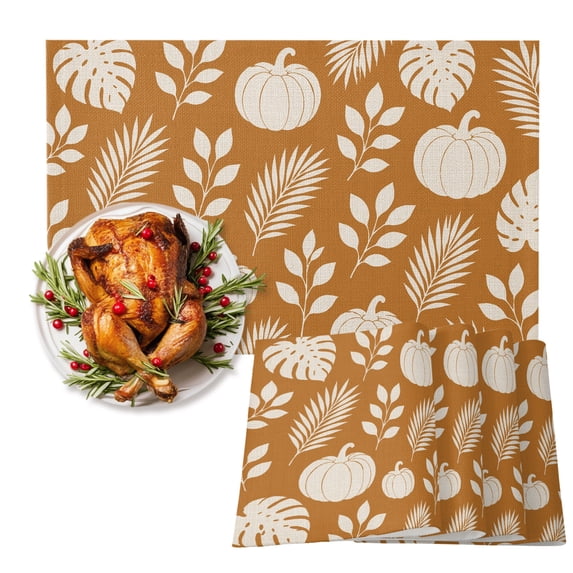 Beige Pumpkins Placemats Set of 4, Botanical Fern Leaf Tropical Fronds ...