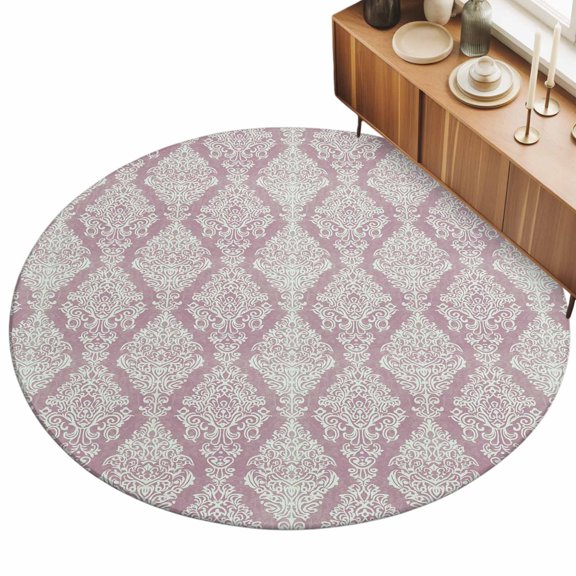 Beige Purple Flower Area Rug, Ethnic Middle East Non-Slip Felt Rubber Backing Round Indoor Carpet Washable Rugs for Living Room Bedroom 4ft