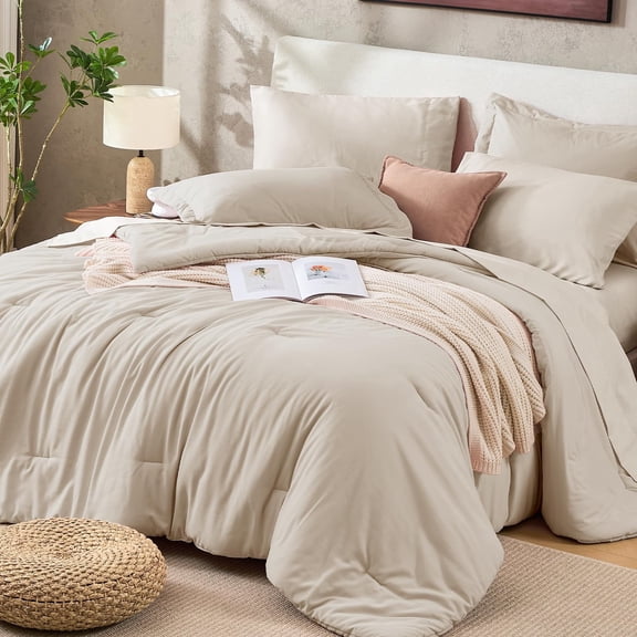 Beige Queen 7-Piece Pre-Washed Crinkled Texture Bed-in-a-Bag All Season Bedding Set