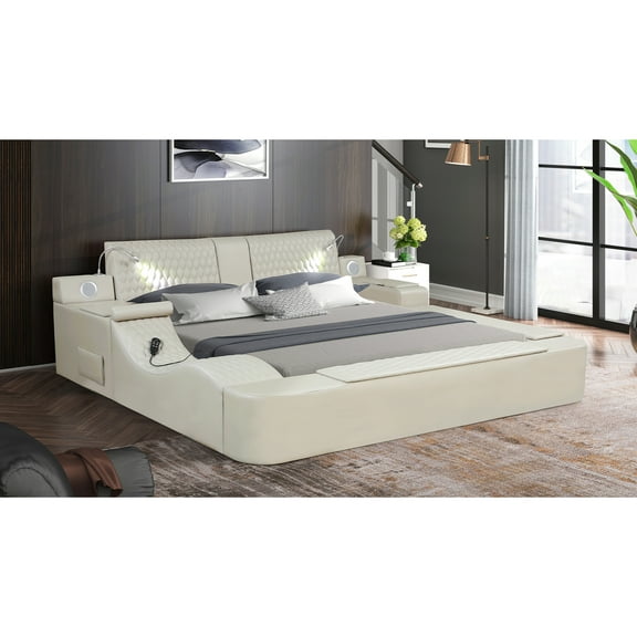 Beige Queen Bed With Remote-controlled Massage & Side Storage Boxes Size Slat Speaker Pair Magazine Pocket