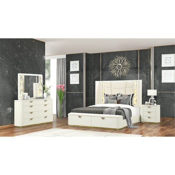 Beige Queen Bedroom 4 Pc - Modern Design With Upholstered Bed & Storage, High-gloss Dresser, Illuminated Mirror, Nightstand Pieces Lighting, Nightstand, Dresser