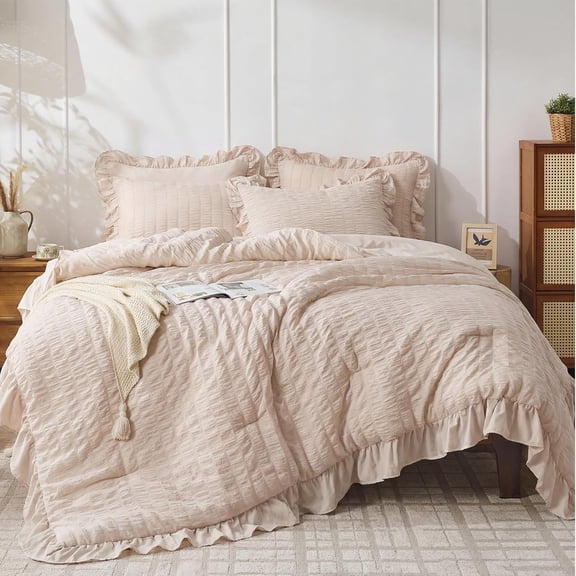 Beige Queen Comforter Set, 3 Pieces Seersucker Comforters Queen Size, Lightweight & Fluffy Bedding Sets Queen for All Season with 1 Ruffle Comforter and 2 Ruffle Pillowshams