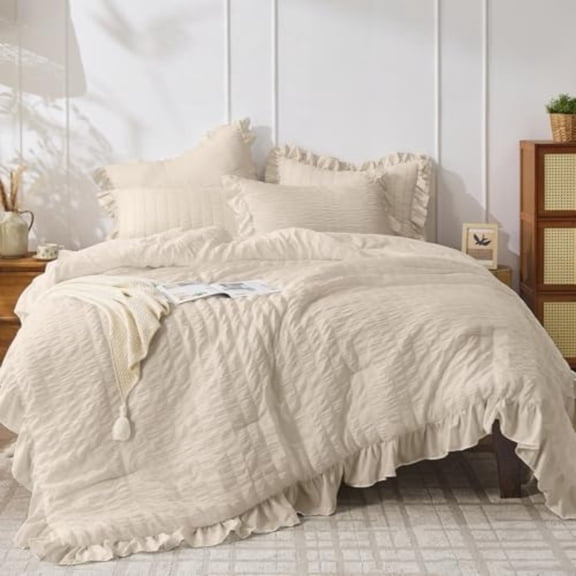 Beige Queen Comforter Set 3 Pieces Seersucker Comforters Queen Size Lightweight Fluffy Bedding Sets Queen for All Season with 1 Ruffle Comforter and 2 Ruffle Pillowshams