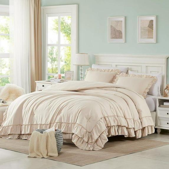 Beige Queen Comforter Set, 3Pcs Comforters Queen Size Ruffle Farmhouse Bedding Sets Queen with Comforter, Lightweight Soft Shabby Chic Bedding Comforter Set Fluffy for All Season