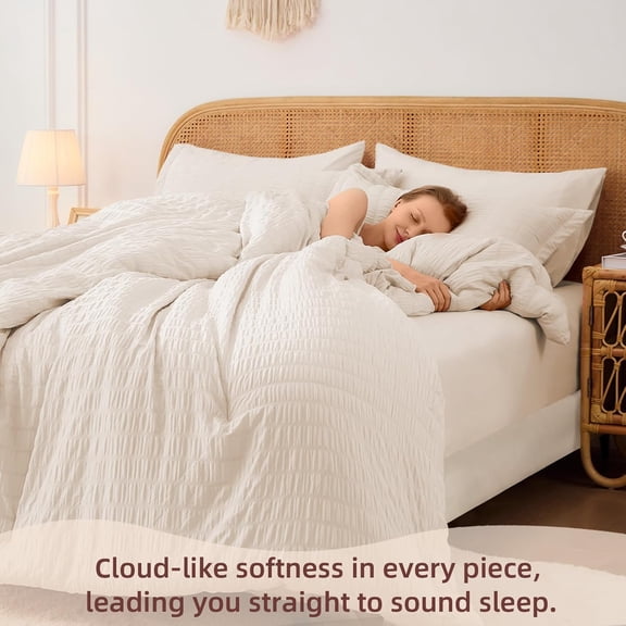 Beige Queen Comforter Set 7 Pieces Luxury Seersucker Bedding for All Seasons