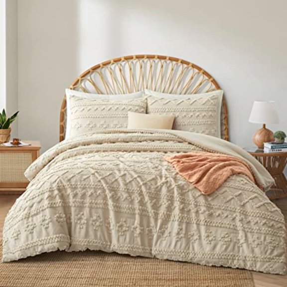 Beige Queen Comforter Set Tufted Bedding Set Queen 3 Pieces Boho Shabby Chic Comforter with 2 Pillowcases Beige Queen