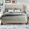 thumbnail image 1 of Beige Queen Size Bed Frame, Upholstered Bed Frame Queen, Linen Fabric Platform Bed Frame with Button Tufted Headboard, 500LBS Load Capcity, 1 of 10