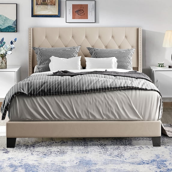 Beige Queen Size Bed Frame, Upholstered Bed Frame Queen, Linen Fabric Platform Bed Frame with Button Tufted Headboard, 500LBS Load Capcity