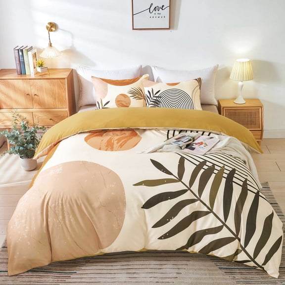 Beige Queen Size Microfiber Duvet Cover Set, Mid Century Boho Abstract Arch Sun Print Bedding for Bedroom Decor