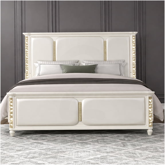 Beige Queen Size Upholstered Bed Frame with LED Headboard and Gold Accents, Traditional Style Bedroom Furniture
