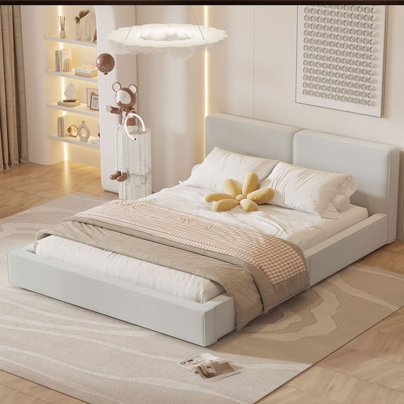 Beige Queen Size Upholstered Platform Bed with Velvet Fabric Grounded Bed Mdf, Solid Color, for Home