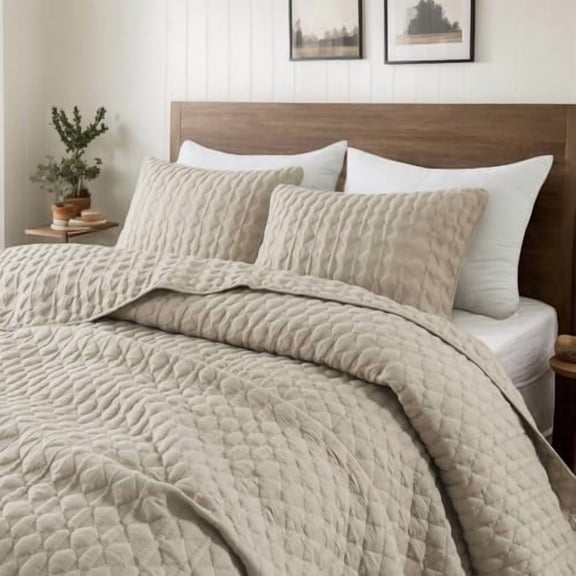 Beige Quilt Twin Size Bedding Sets with Pillow Sham, Lightweight Bedspread Coverlet, Twin XL Thin Comforter Bed Cover, All Season Summer Spring, Tan Cream, 2 Pieces, 68x90 inches