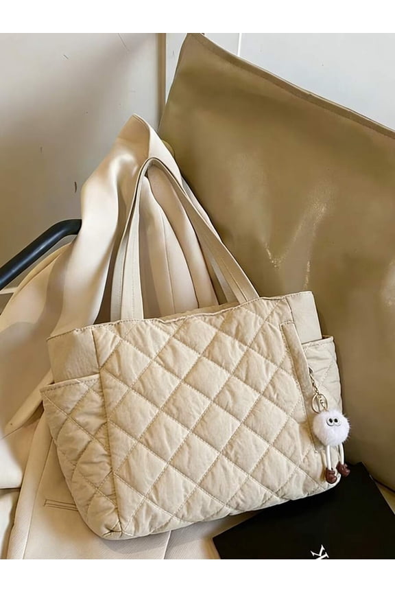 Beige Quilted Dual-Handle Tote Bag With Pom-Pom Charm, Large Capacity
