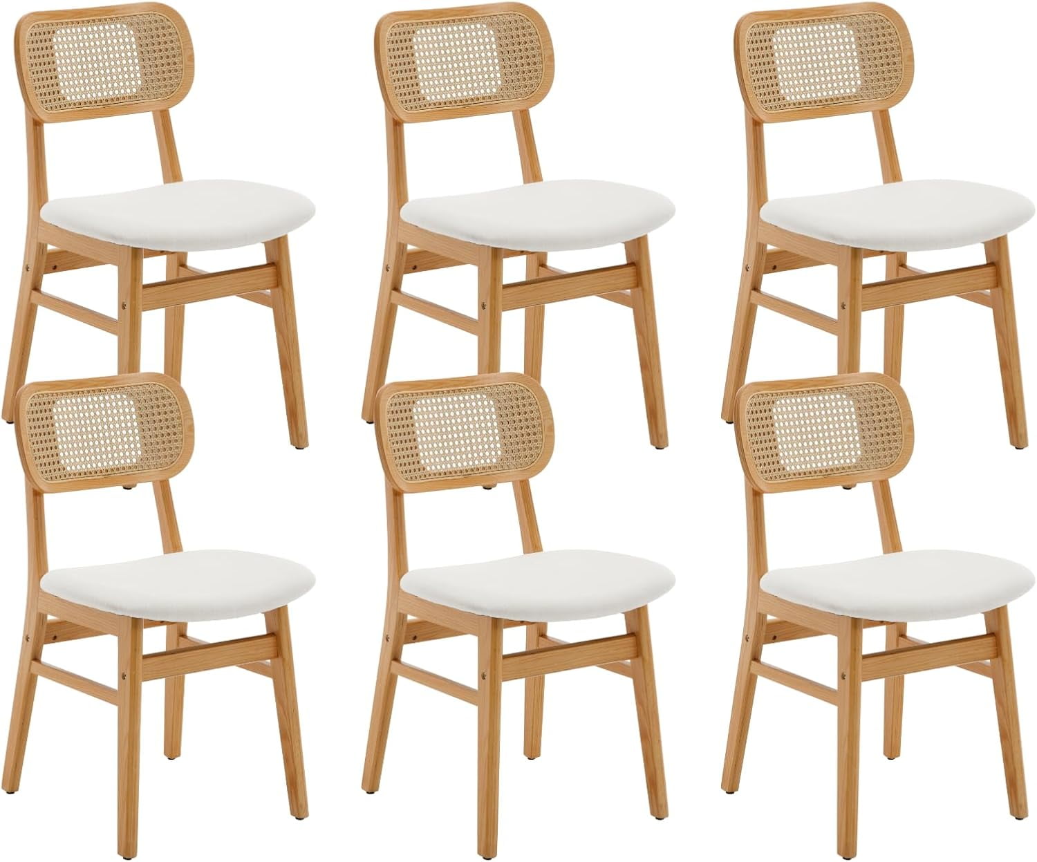 Beige Rattan Dining Chairs Set of 6 Farmhouse Wood Dining Room Chairs