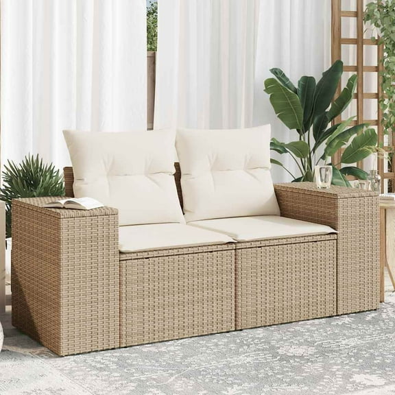 Beige Rattan Garden Sofa, Large Modular Outdoor Sofa for 2 People, Rectangular Patio Furniture with Storage