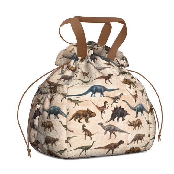 Beige Realistic Dinosaurs Pattern Drawstring Lunch Bag Women - Drawstring Lunch Bag Insulated for Work Office - Stain-Resistant Large Lunchbags for Women with Multi-Pockets