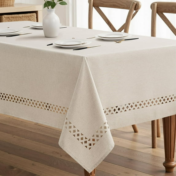 Beige Rectangle Linen Polyester Tablecloth with Decorative Cutouts ...