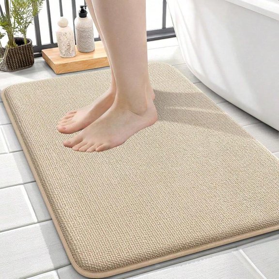 Beige + Rectangular + 24 X 16 Thick Foam Bath Rug, Ultra Soft Absorbent