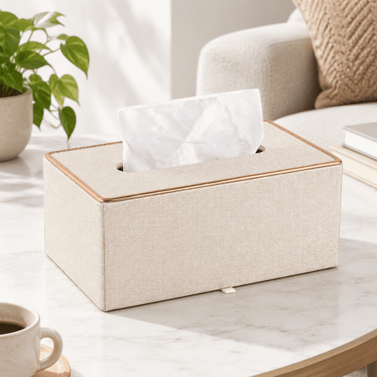 Beige Rectangular Leather Facial Tissue Box Cover Holder for Home ...
