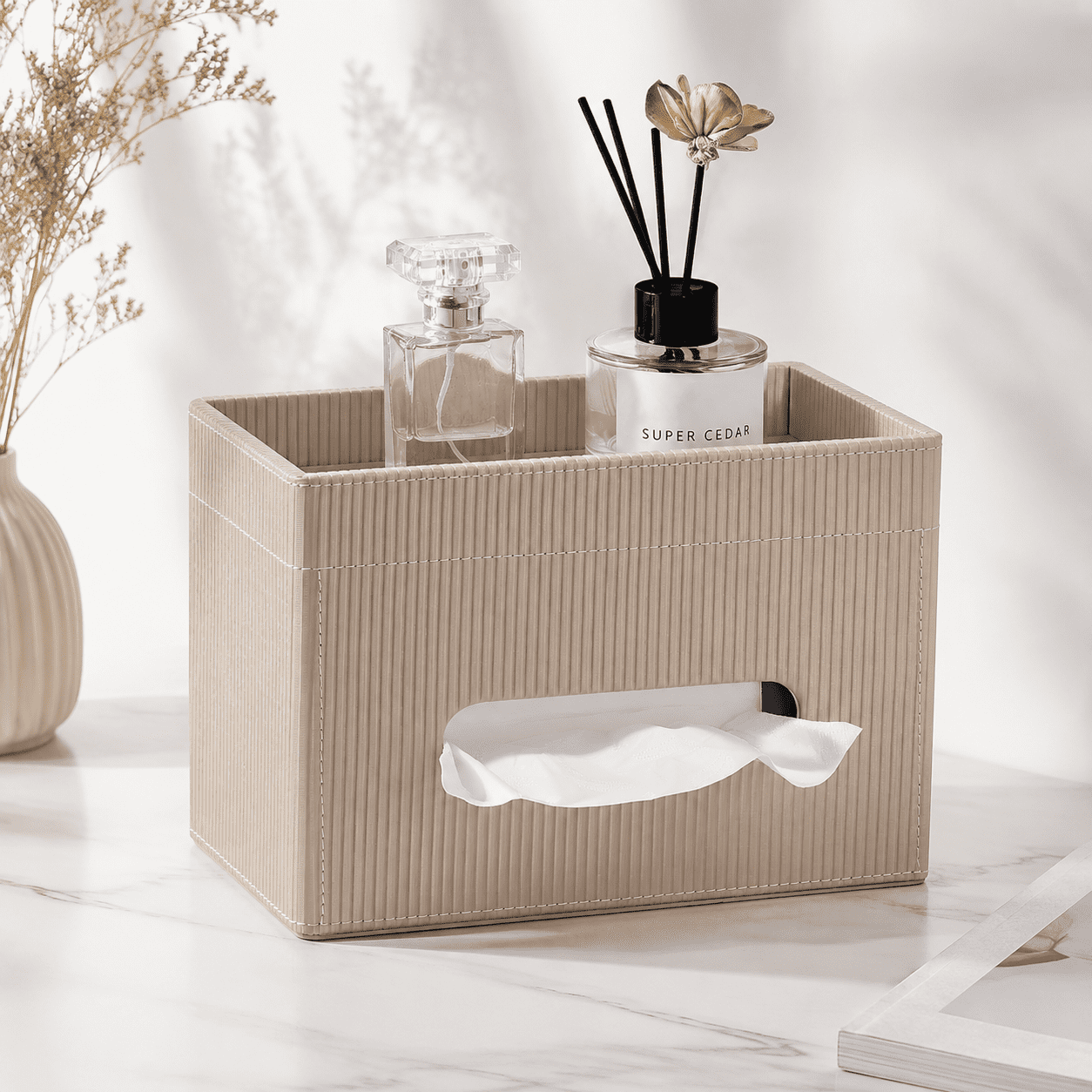 Rectangular Box Cap Beige Rectangular PU Leather Tissue Box Cover with Storage Tray ...