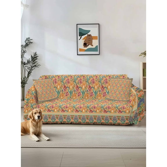 Beige Red Floral Boho Couch Cover, Vintage Ethnic Tribe Abstract Art Sofa Cover Blanket for Loveseat Couches, Sectional Sofa Slipcover Furniture Protector for Living Room Bedroom 71''x118''
