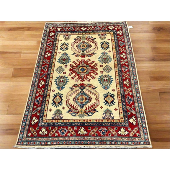 Beige/Red Kazak 5X7 Handmade Wool Rug # 13817