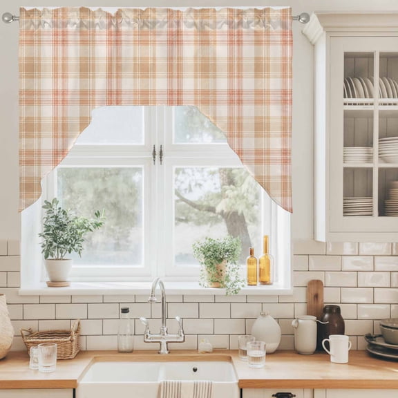 Beige Red Plaid Swag Valance for Windows, Country Farmhouse Stripe Classic Gingham Check Swag Curtains Valances for Small Window Treatment Rod Pocket for Kitchen Bathroom 1 Panel 56x36in