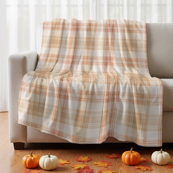 Beige Red Plaid Throw Blanket for Bed Couch Sofa, Country Farmhouse Stripe Classic Gingham Check Soft Cozy Flannel Fuzzy Throw Blanket for Bedroom Office Travel Gift 30x40in